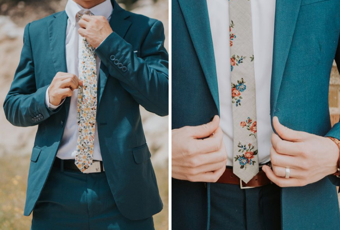 blue suit floral tie wedding