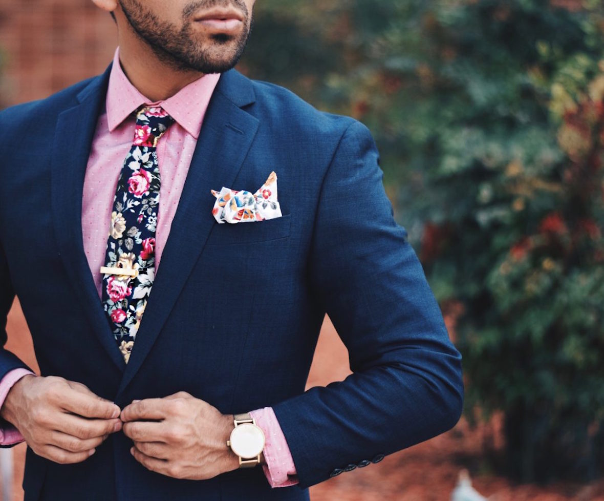 blue suit floral tie wedding